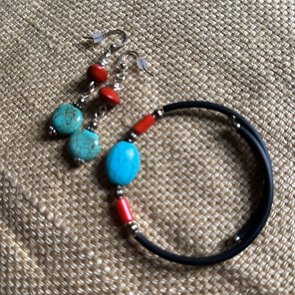 Turquoise and red coral earrings/bracelet - Picture 6 of 6